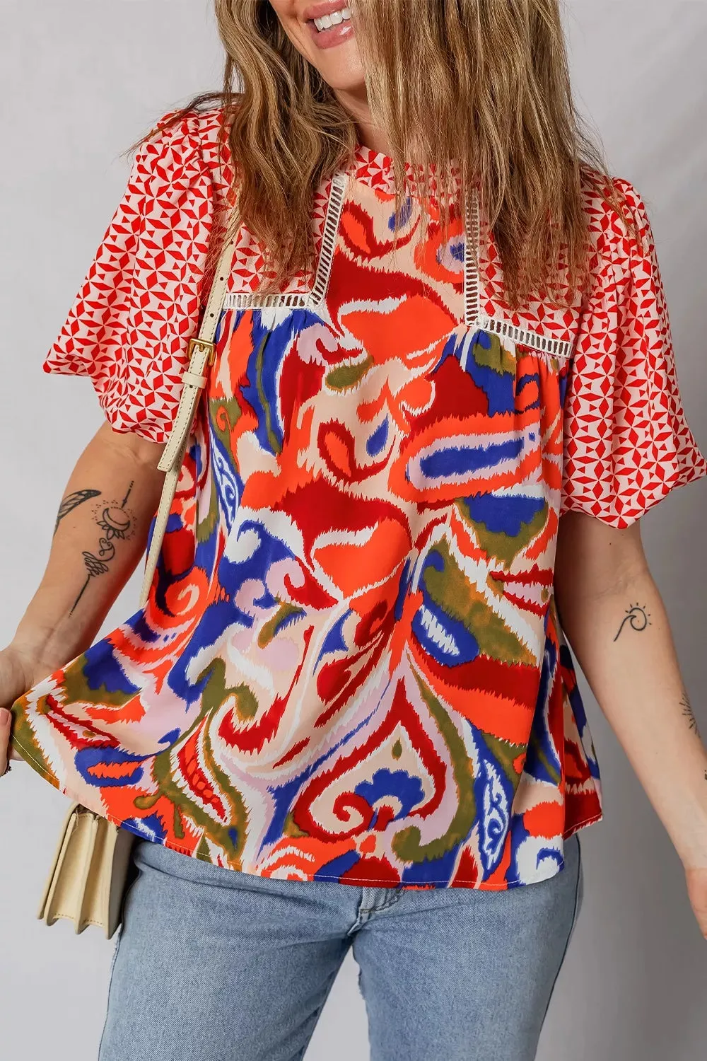 Paisley Geometric Mixed Print Patchwork Puff Sleeve Blouse Top sold by Charming Charlie product image thumbnail 5