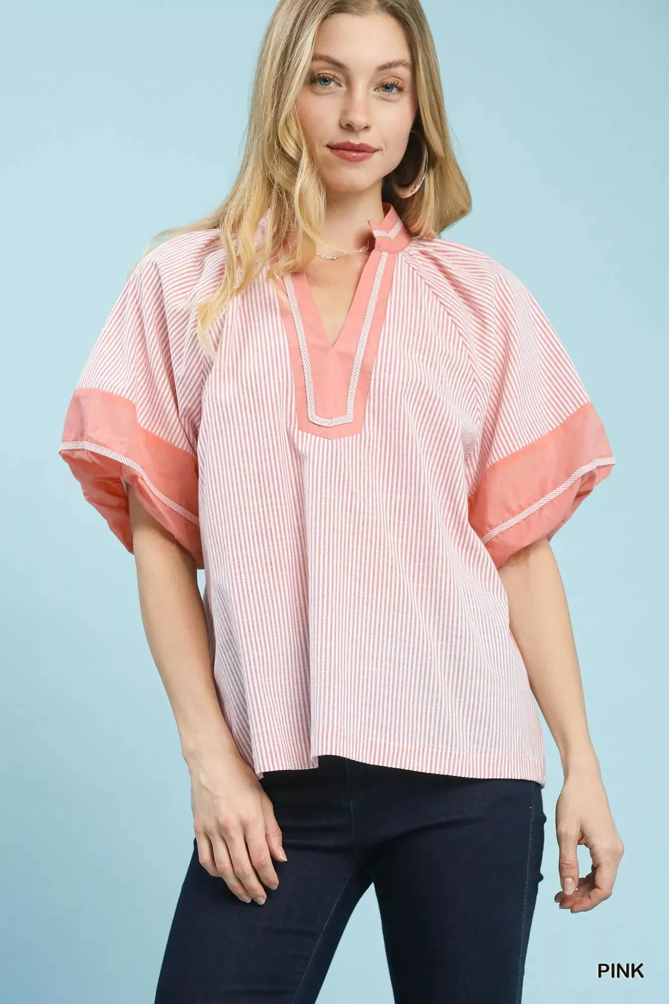 Umgee Striped Mixed Puff Sleeve Blouse sold by Charming Charlie