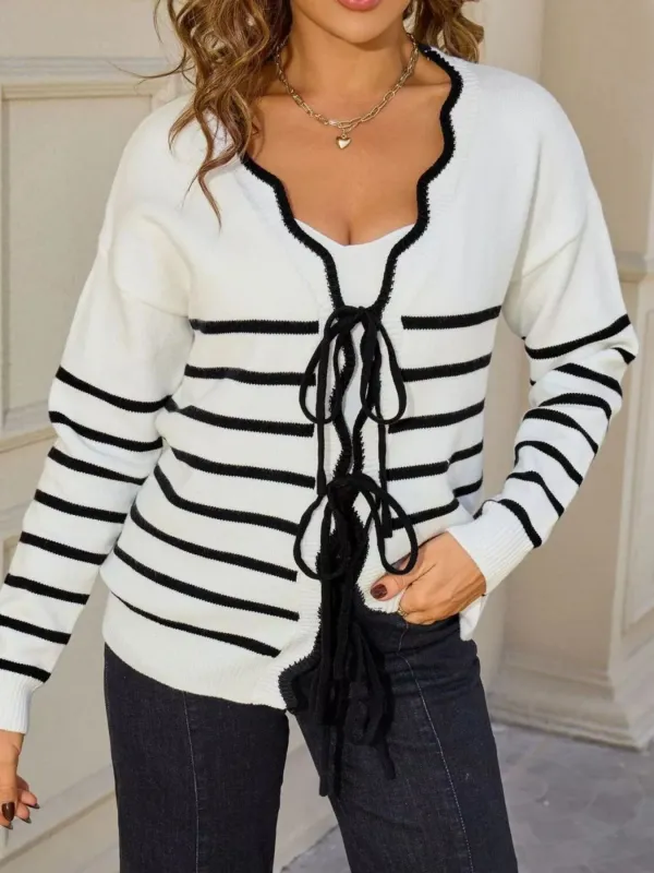 Striped Tie Front Knit Cardigan sold by Charming Charlie