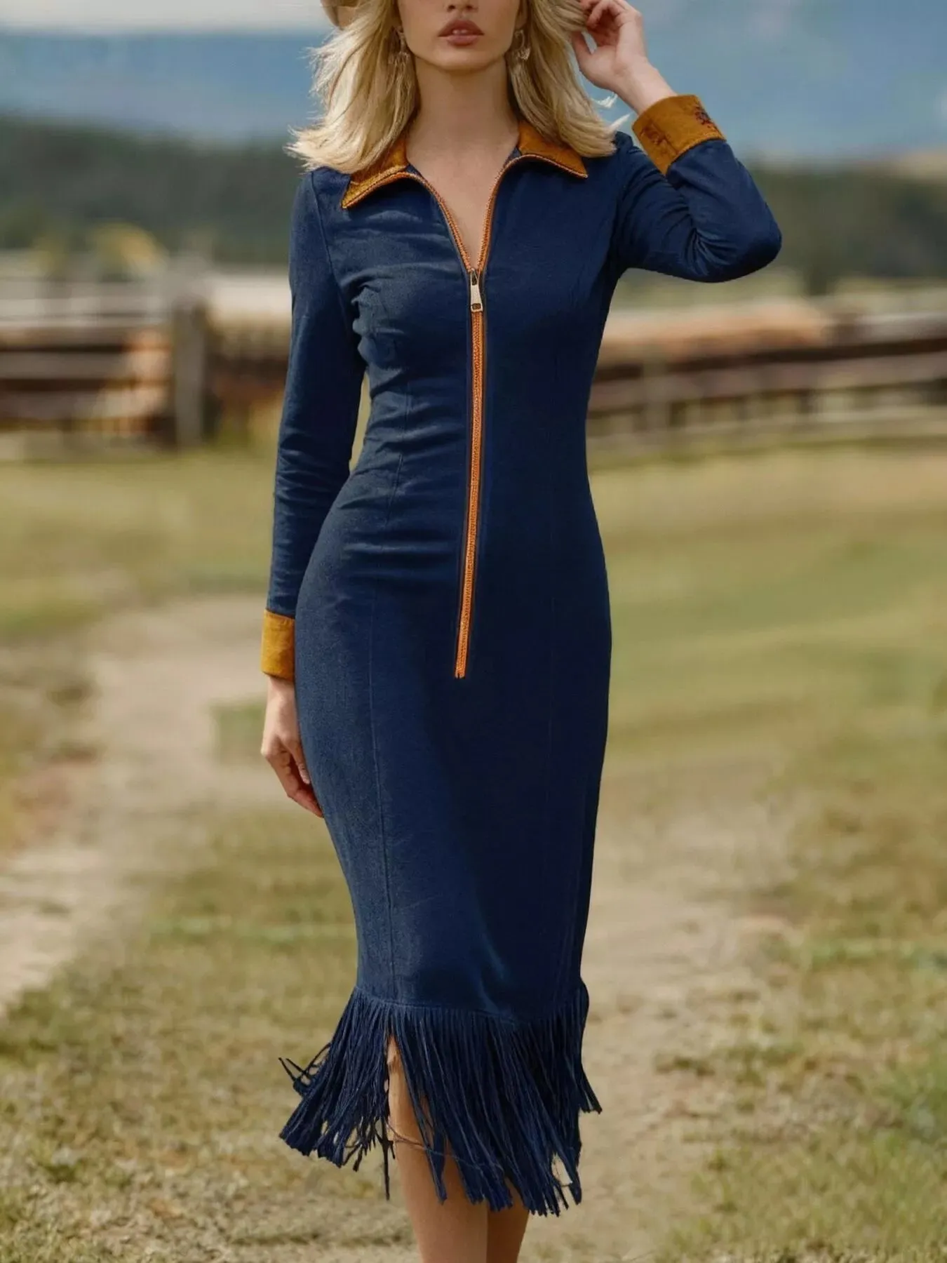 Fringe Hem Zipper Front Bodycon Dress sold by Charming Charlie product image thumbnail 3