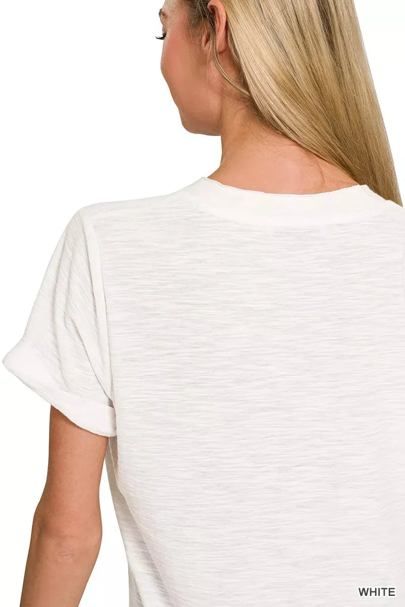 Zenana Slub Rolled Short Sleeve V-Neck Tee sold by Charming Charlie product image thumbnail 4