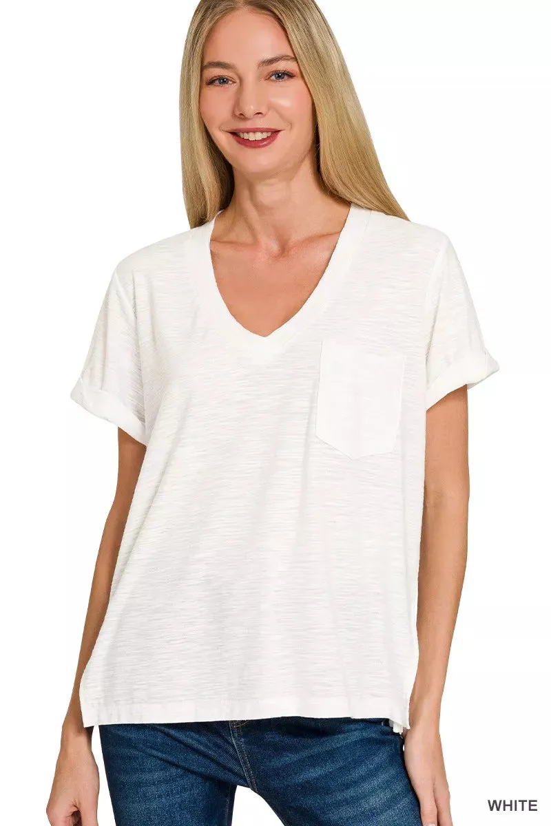 Zenana Slub Rolled Short Sleeve V-Neck Tee sold by Charming Charlie