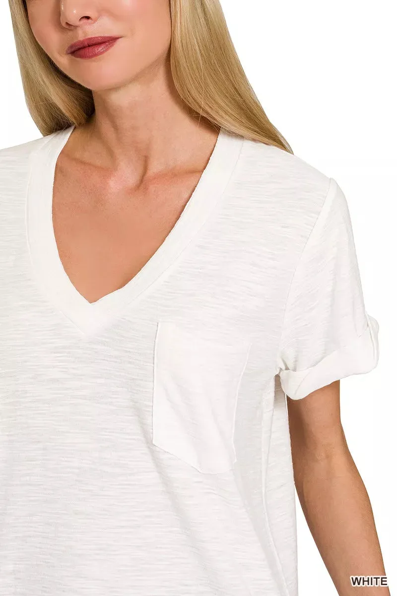 Zenana Slub Rolled Short Sleeve V-Neck Tee sold by Charming Charlie product image thumbnail 3