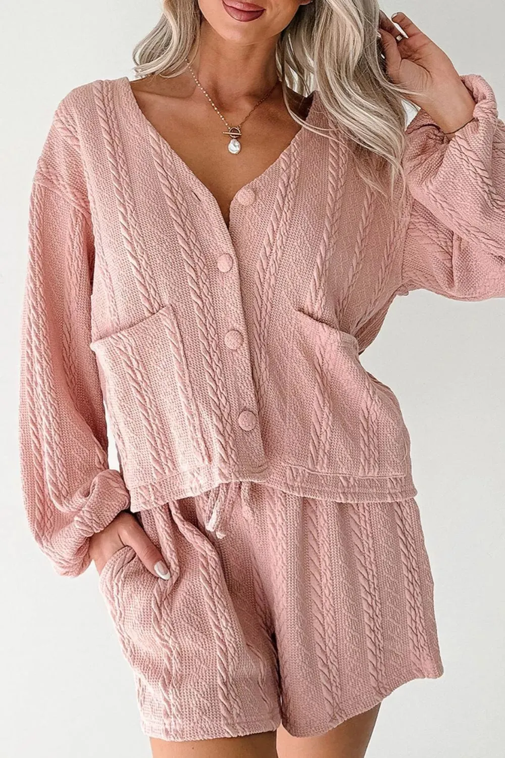 Cable Knit V Neck Cardigan and Shorts Set sold by Charming Charlie product image thumbnail 3