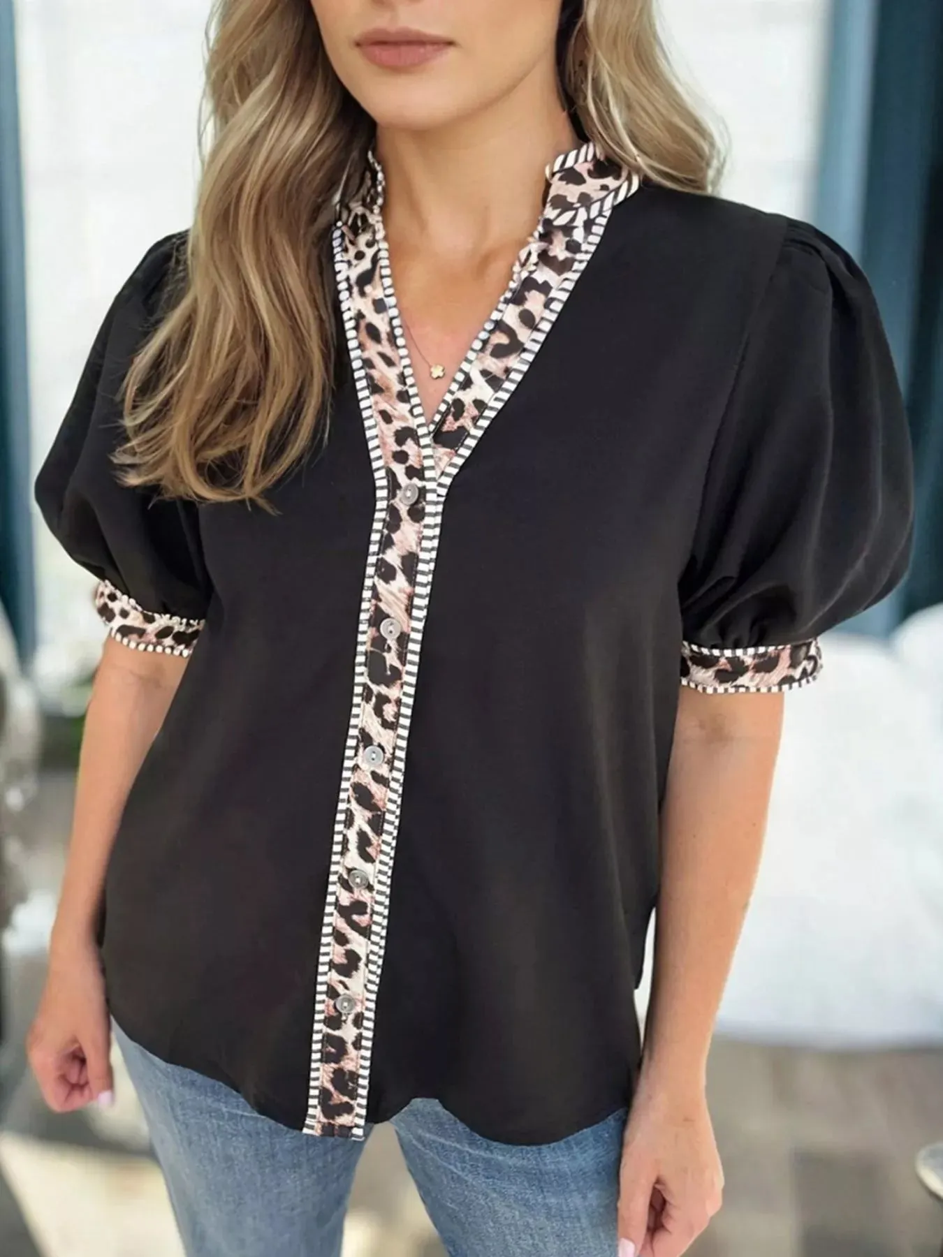 V Neck Short Puff Sleeve Contrast Striped Leopard Trim Button Down Shirt sold by Charming Charlie