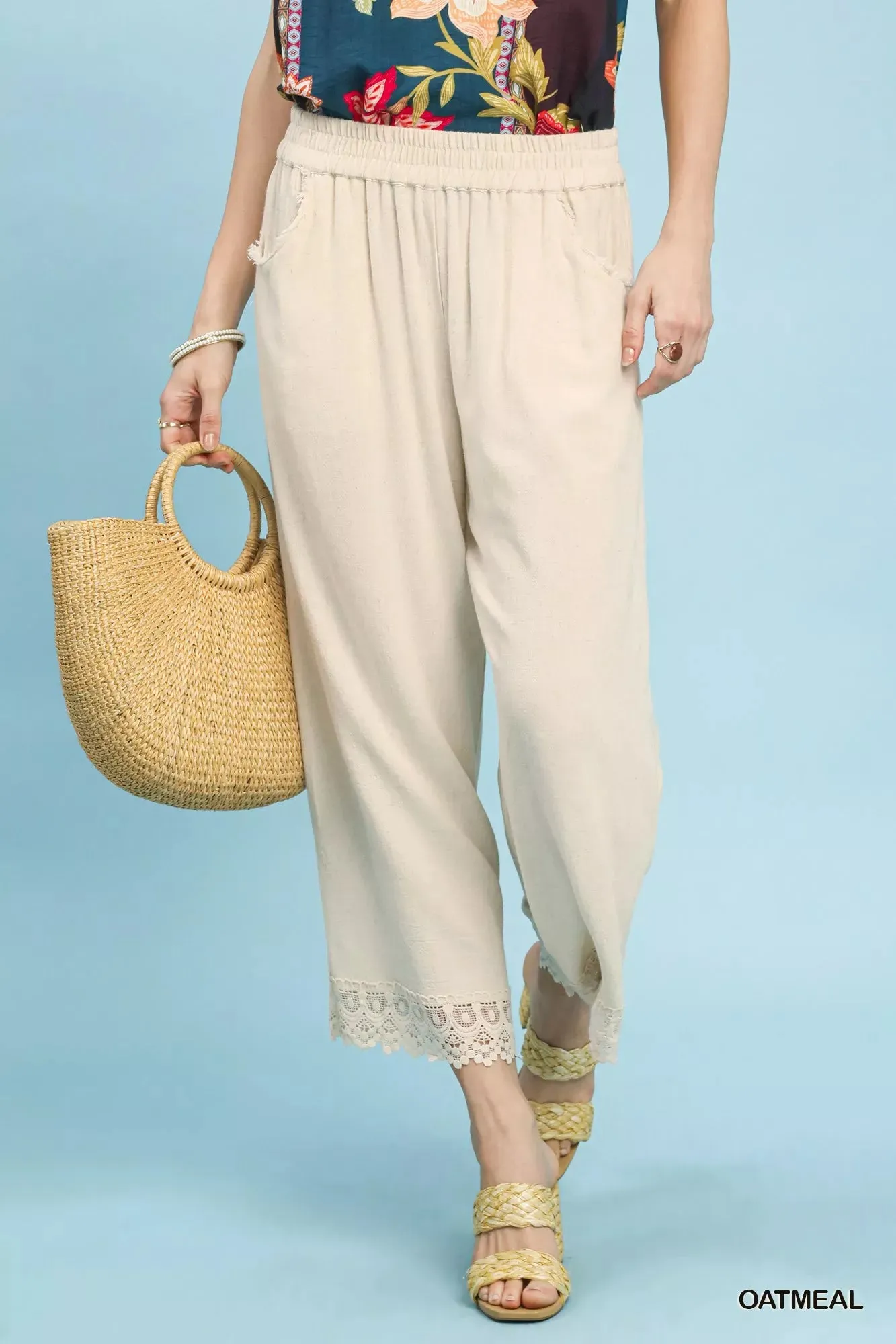 Umgee Linen Wide Leg Cropped Pants with Lace Trim sold by Charming Charlie