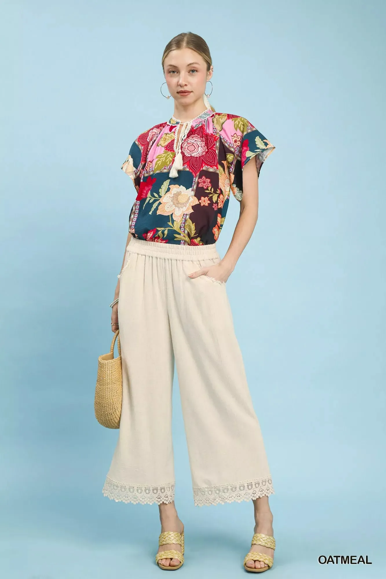 Umgee Linen Wide Leg Cropped Pants with Lace Trim sold by Charming Charlie product image thumbnail 5