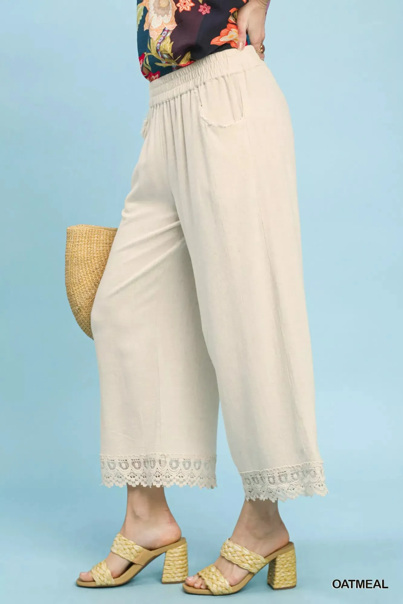 Umgee Linen Wide Leg Cropped Pants with Lace Trim sold by Charming Charlie product image thumbnail 2