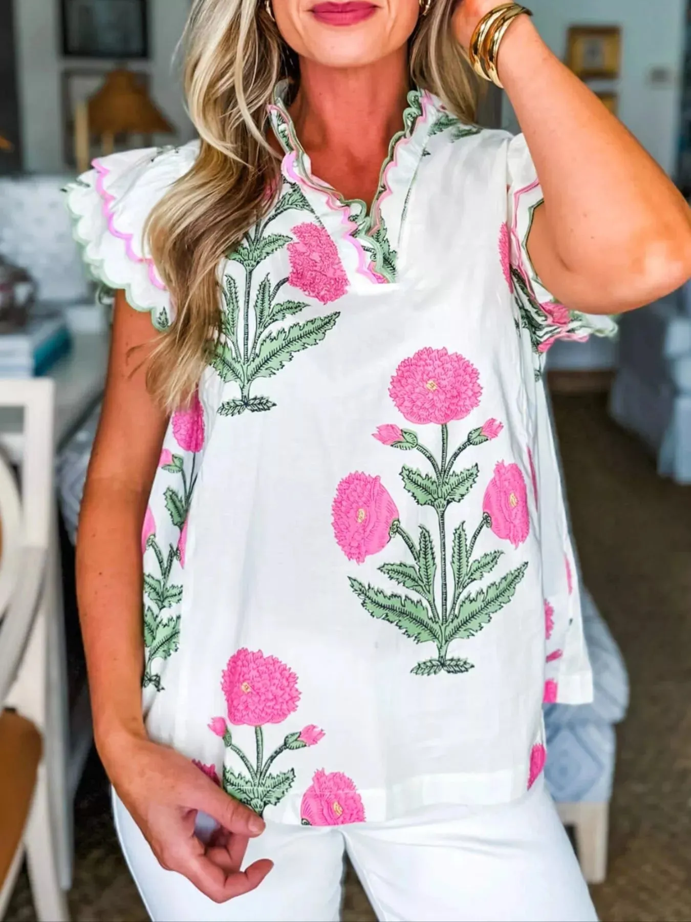 Floral Print Ruffle Trim Blouse sold by Charming Charlie product image thumbnail 3