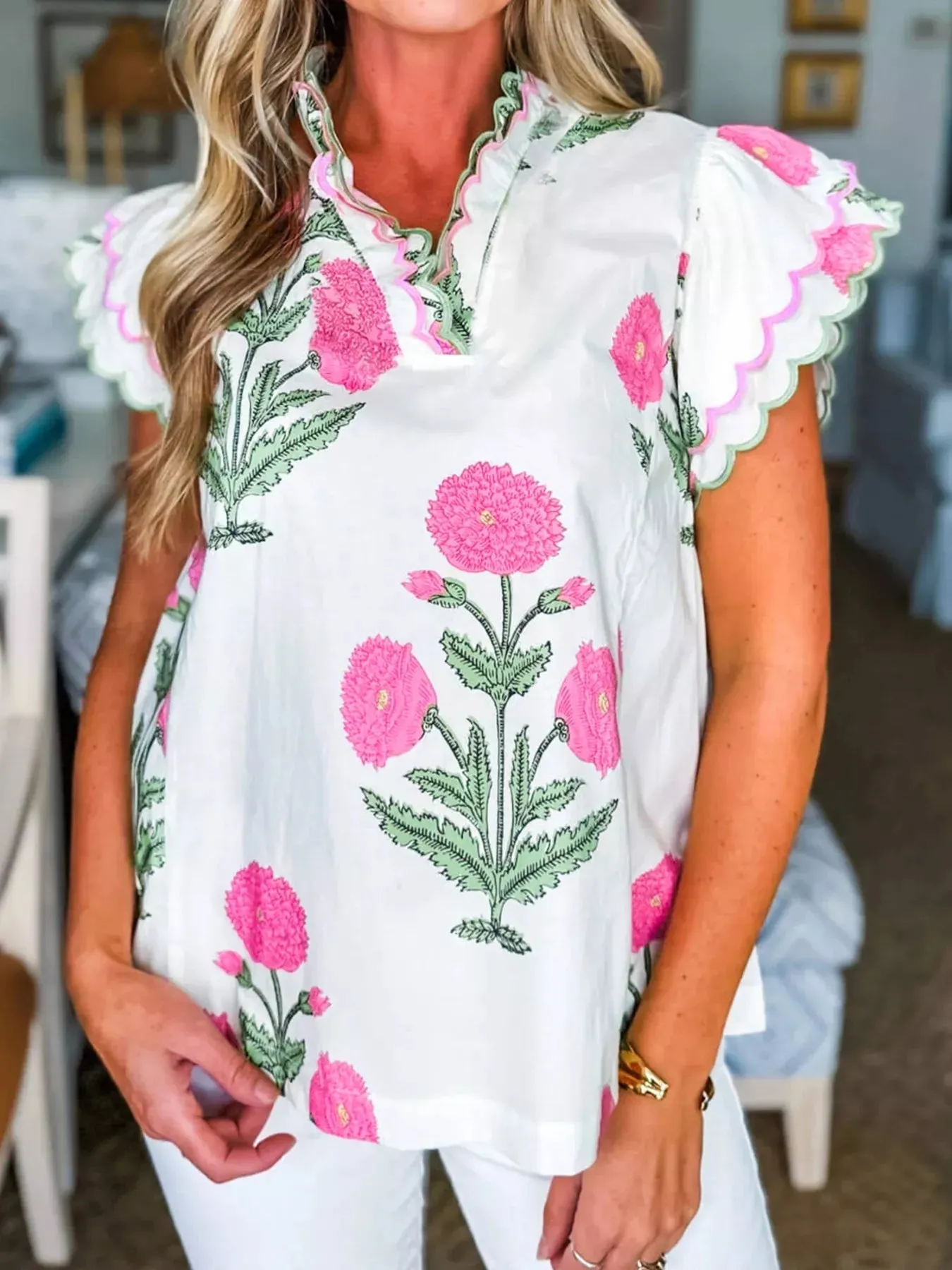 Floral Print Ruffle Trim Blouse sold by Charming Charlie