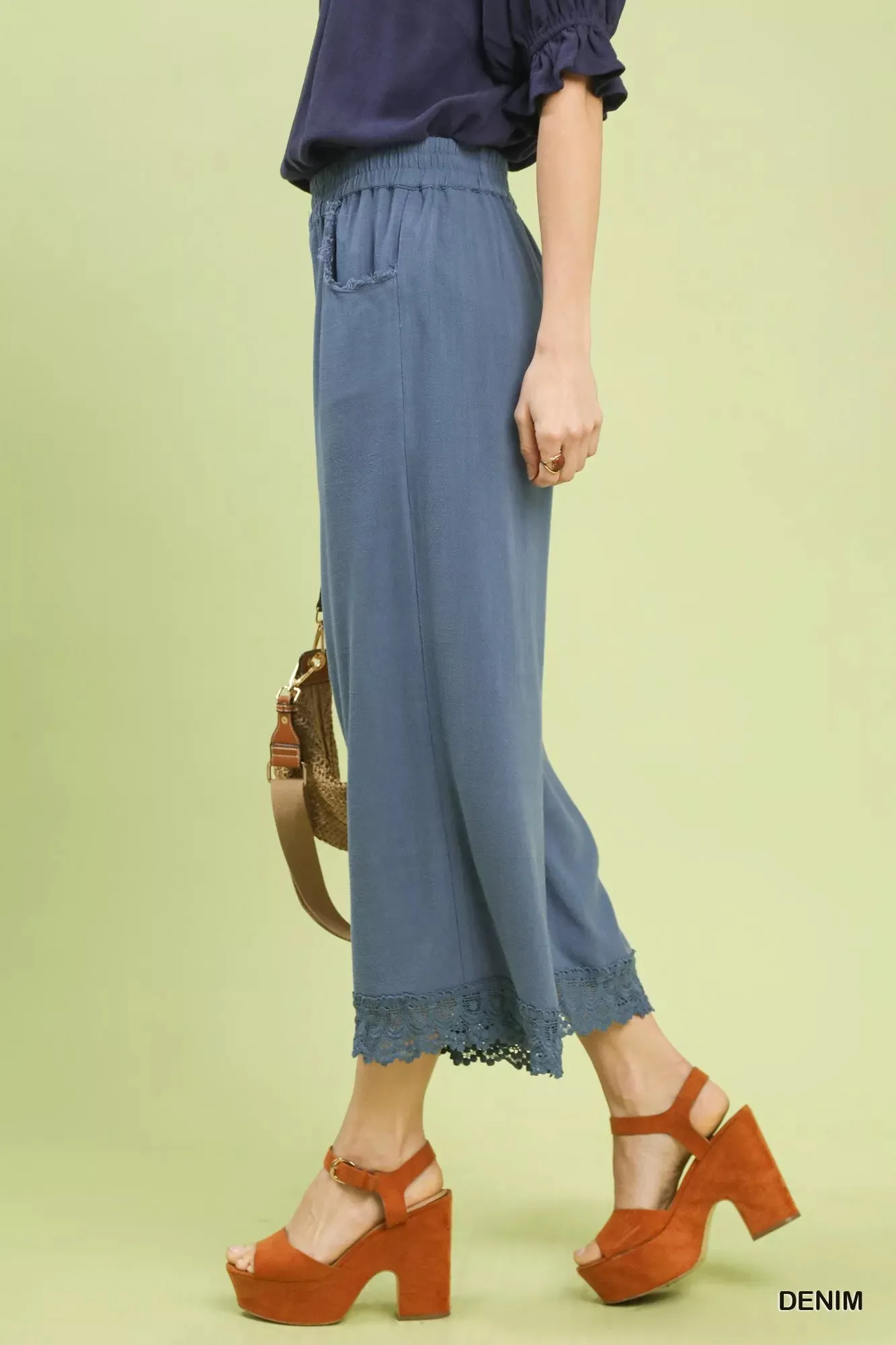 Umgee Linen Wide Leg Cropped Pants with Lace Trim sold by Charming Charlie product image thumbnail 3