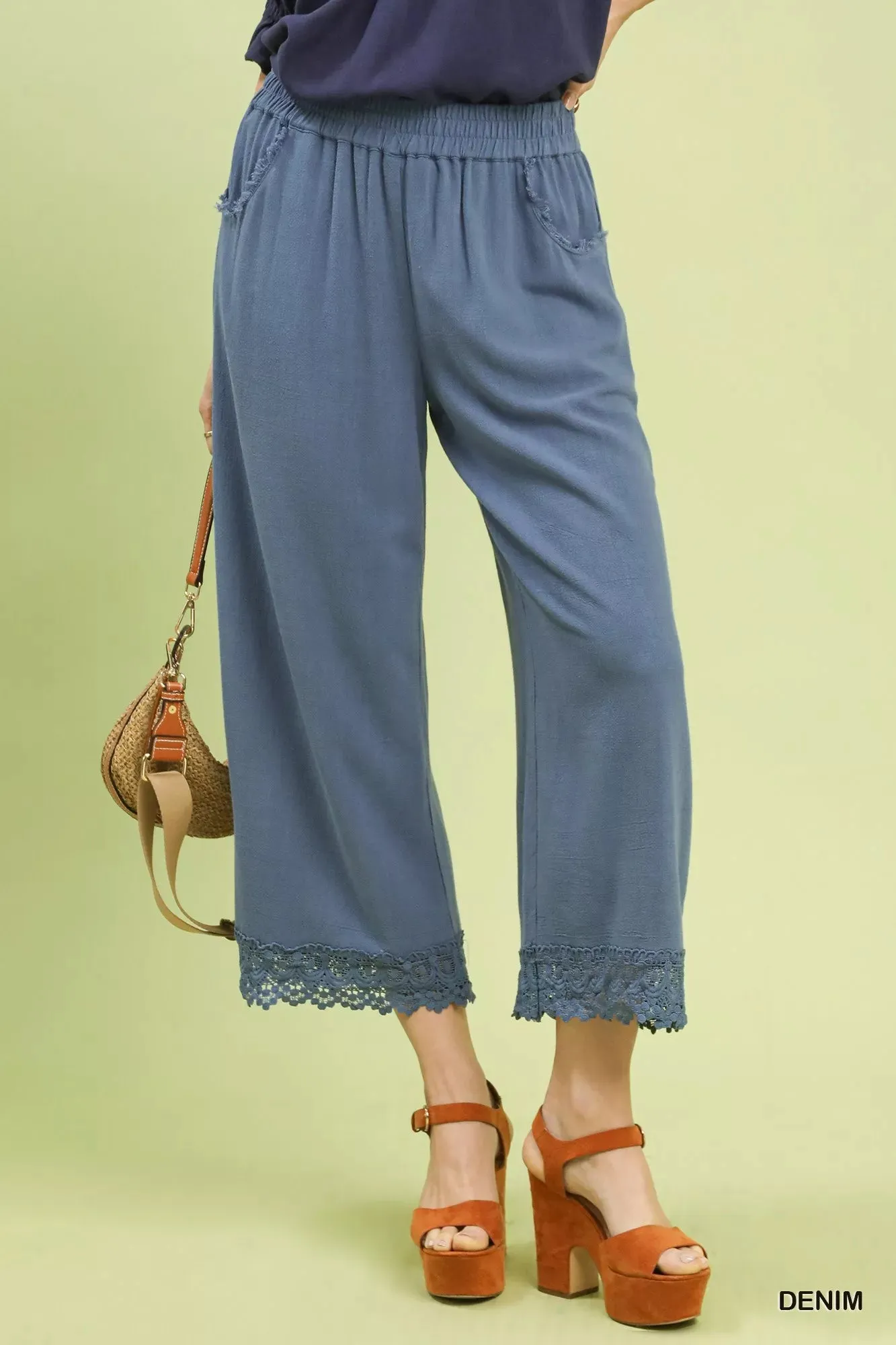 Umgee Linen Wide Leg Cropped Pants with Lace Trim sold by Charming Charlie
