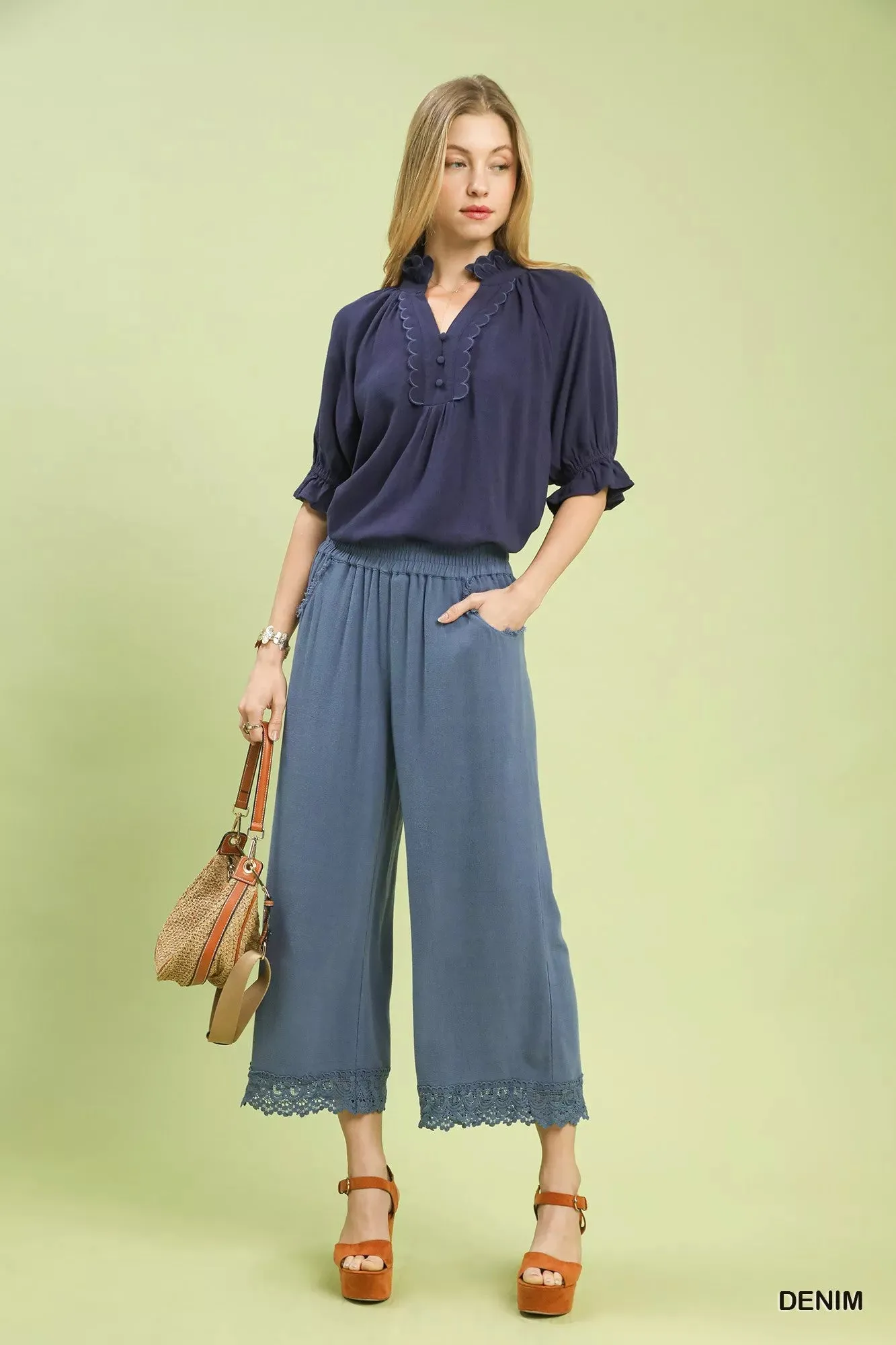 Umgee Linen Wide Leg Cropped Pants with Lace Trim sold by Charming Charlie product image thumbnail 2