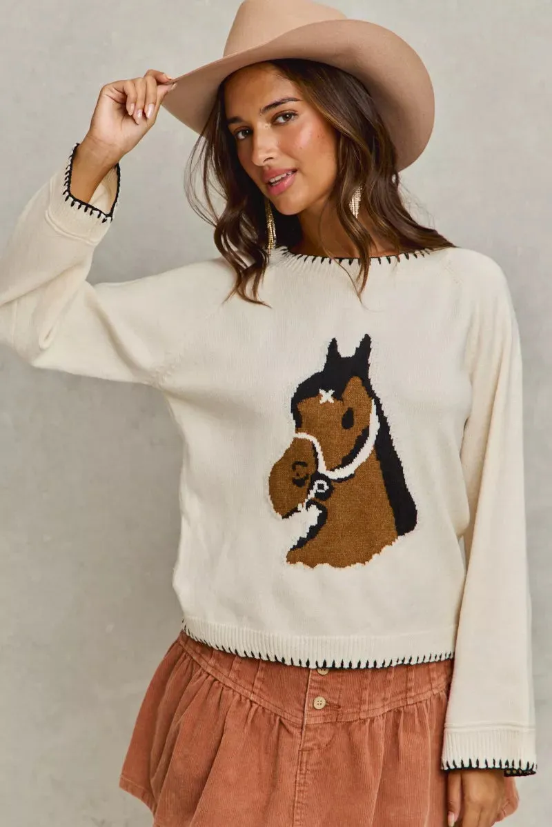SO ME Horse Knit Sweater Top with Blanket Stitch sold by Charming Charlie product image thumbnail 3