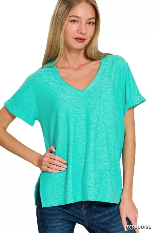 Zenana Slub Rolled Short Sleeve V-Neck Tee sold by Charming Charlie