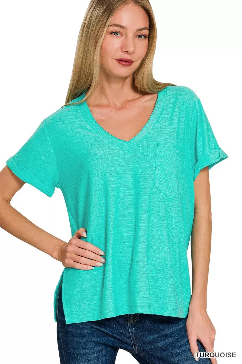 Zenana Slub Rolled Short Sleeve V-Neck Tee sold by Charming Charlie