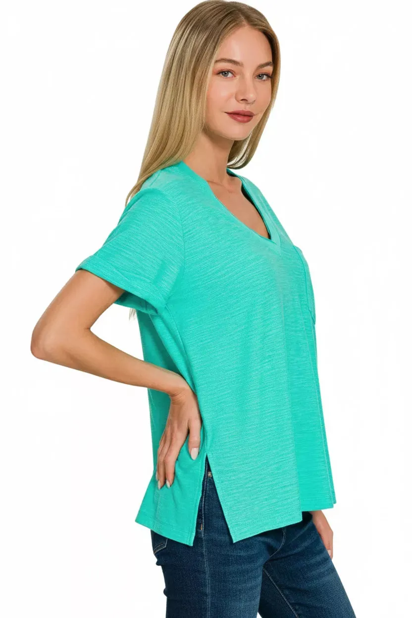 Zenana Slub Rolled Short Sleeve V-Neck Tee sold by Charming Charlie product image thumbnail 2
