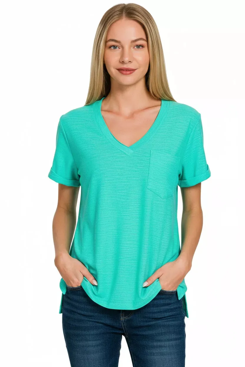 Zenana Slub Rolled Short Sleeve V-Neck Tee sold by Charming Charlie product image thumbnail 3