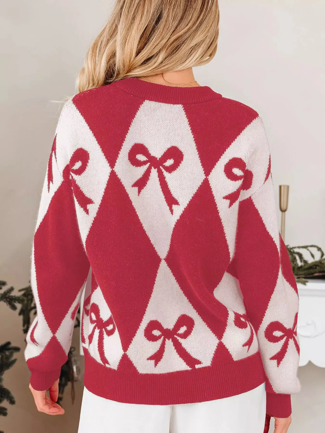 Bow Print 2-Tone Rhombus Knit Loose Sweater sold by Charming Charlie product image thumbnail 2