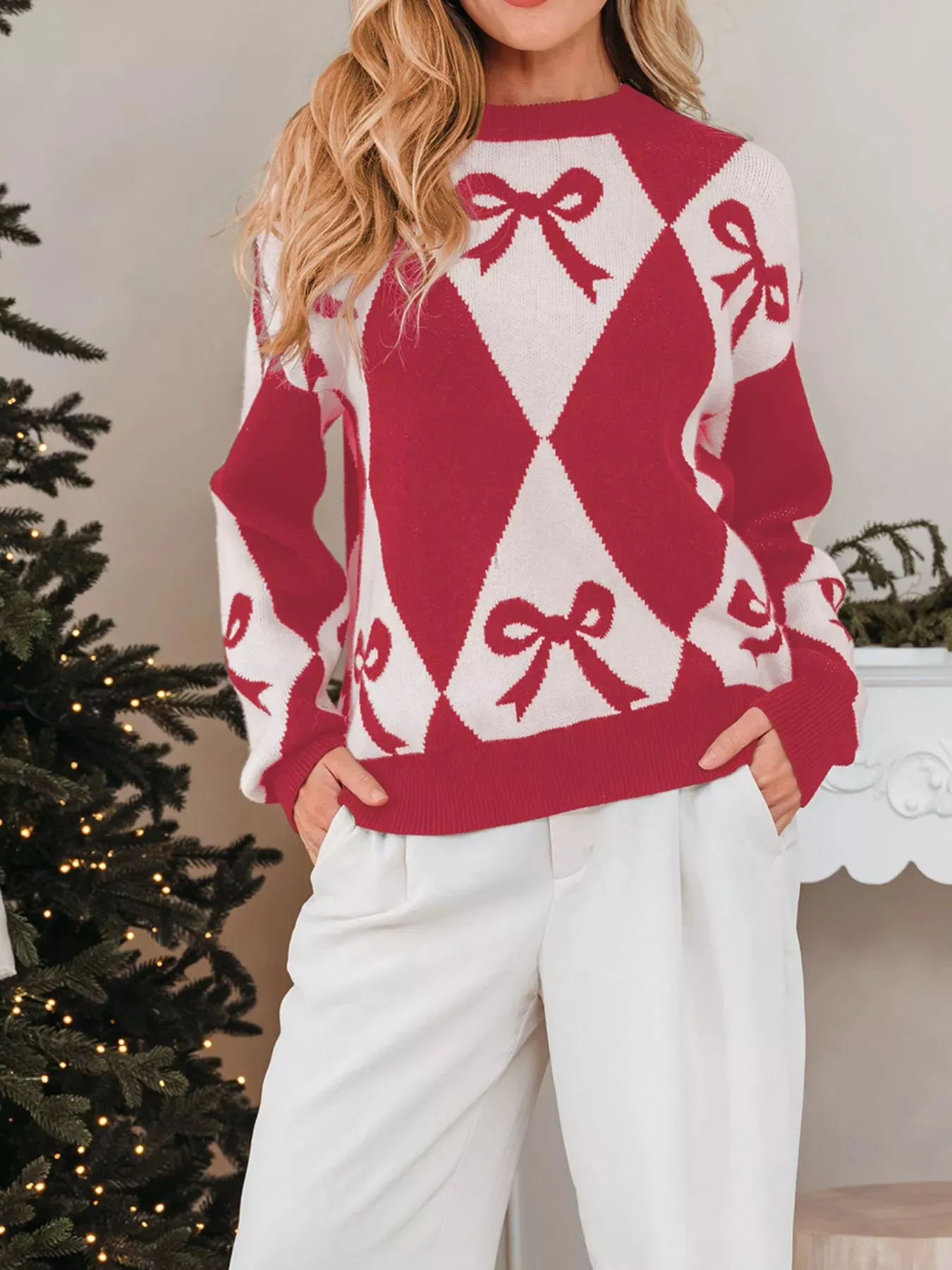 Bow Print 2-Tone Rhombus Knit Loose Sweater sold by Charming Charlie