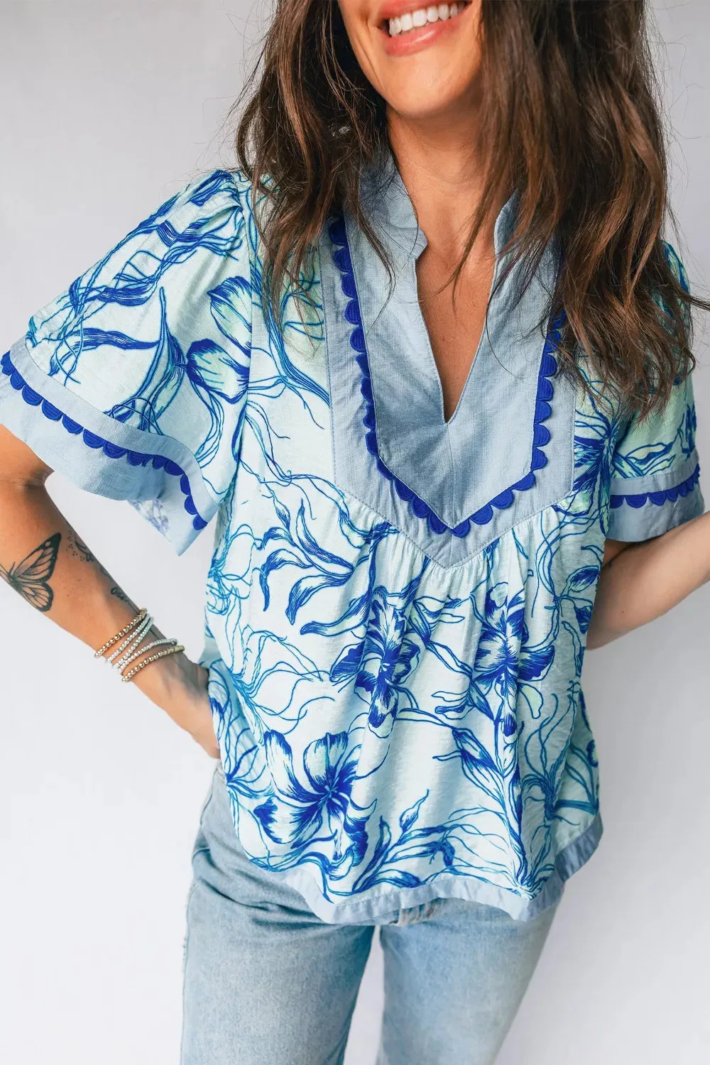 Ricrac Trim Slit V Neck Short Sleeve Floral Blouse sold by Charming Charlie product image thumbnail 5