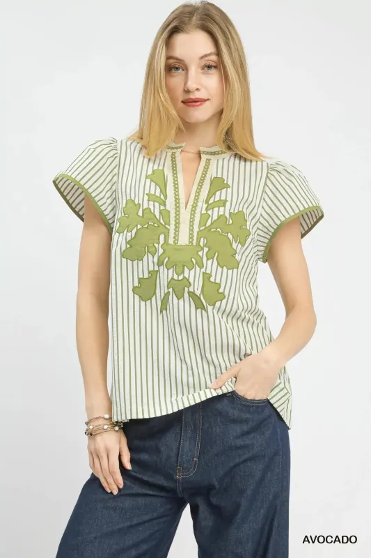 Umgee V-Neck Stripe Top with Lace Trim made by Trendsi