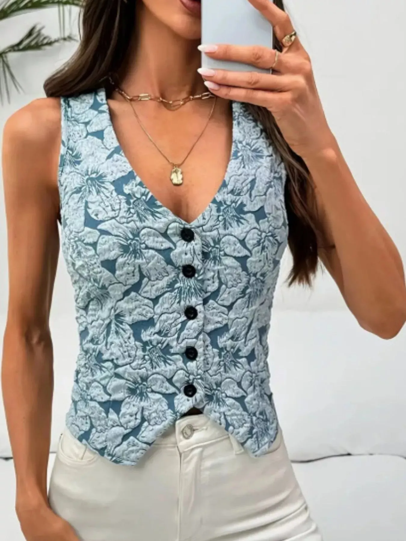 Floral Jacquard Button-Front Vest Coat sold by Charming Charlie product image thumbnail 3