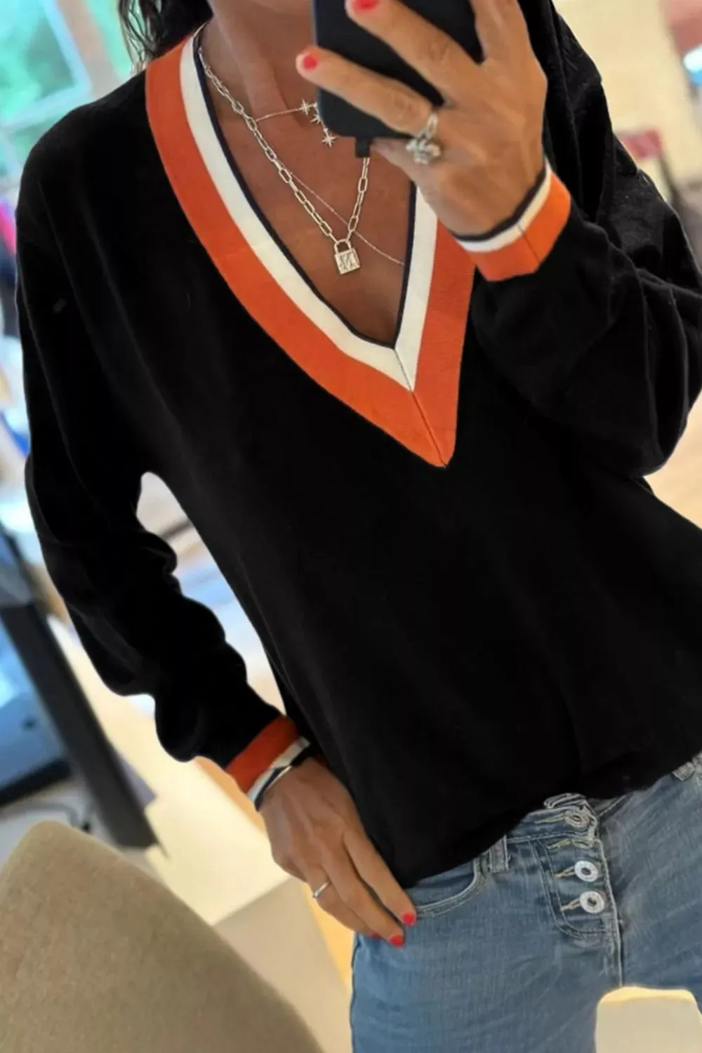 Contrast Striped Trim V Neck Varsity Sweater sold by Charming Charlie product image thumbnail 3