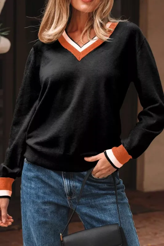 Contrast Striped Trim V Neck Varsity Sweater made by Trendsi