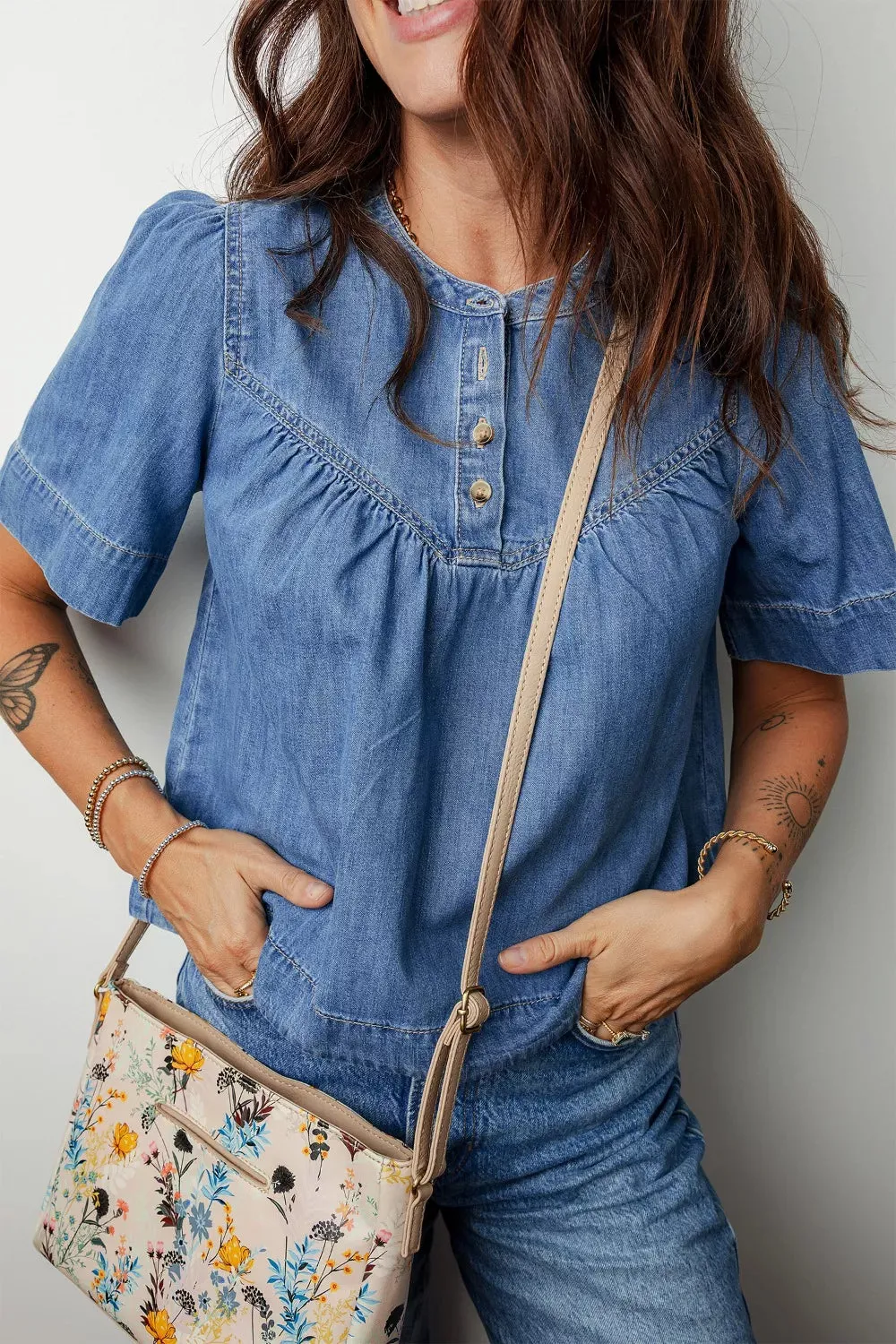 Pleated Detail Half Button Short Sleeve Denim Top sold by Charming Charlie product image thumbnail 5