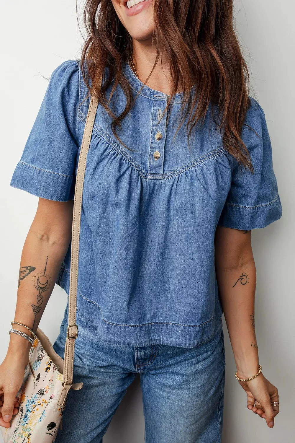 Pleated Detail Half Button Short Sleeve Denim Top sold by Charming Charlie