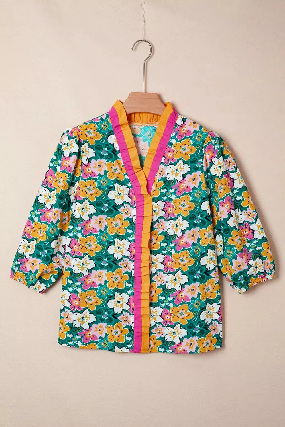 Floral Print Contrast Trim Frilled V Neck 3/4 Sleeve Blouse sold by Charming Charlie product image thumbnail 2