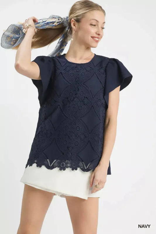 Umgee Floral Lace Overlay Flutter Sleeve Top sold by Charming Charlie