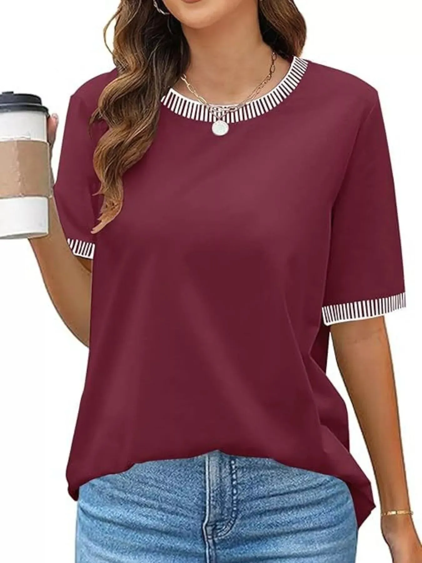 Striped Trim Casual T-Shirt sold by Charming Charlie product image thumbnail 4