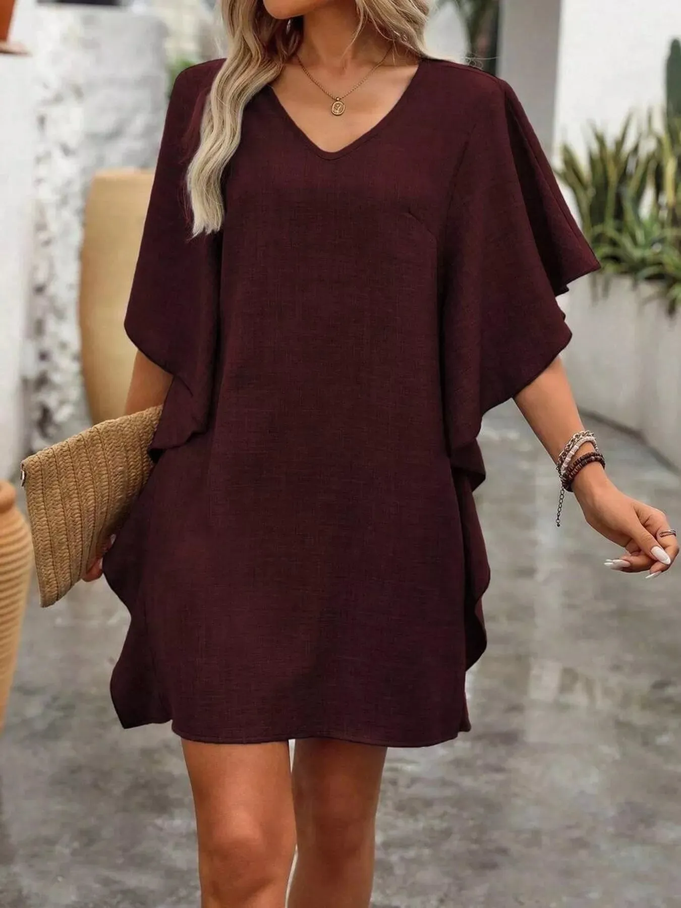 Ruffled Flutter Sleeve V-Neck Mini Dress sold by Charming Charlie