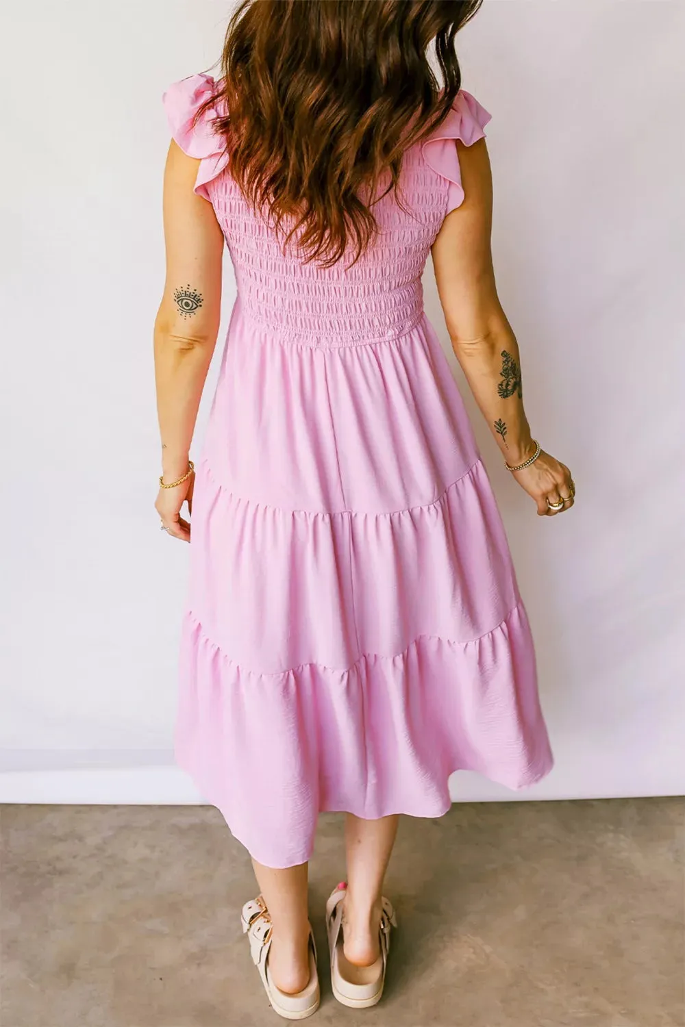 Smocked Bodice Flutter Sleeve Fit Flare Tiered Midi Dress sold by Charming Charlie product image thumbnail 2