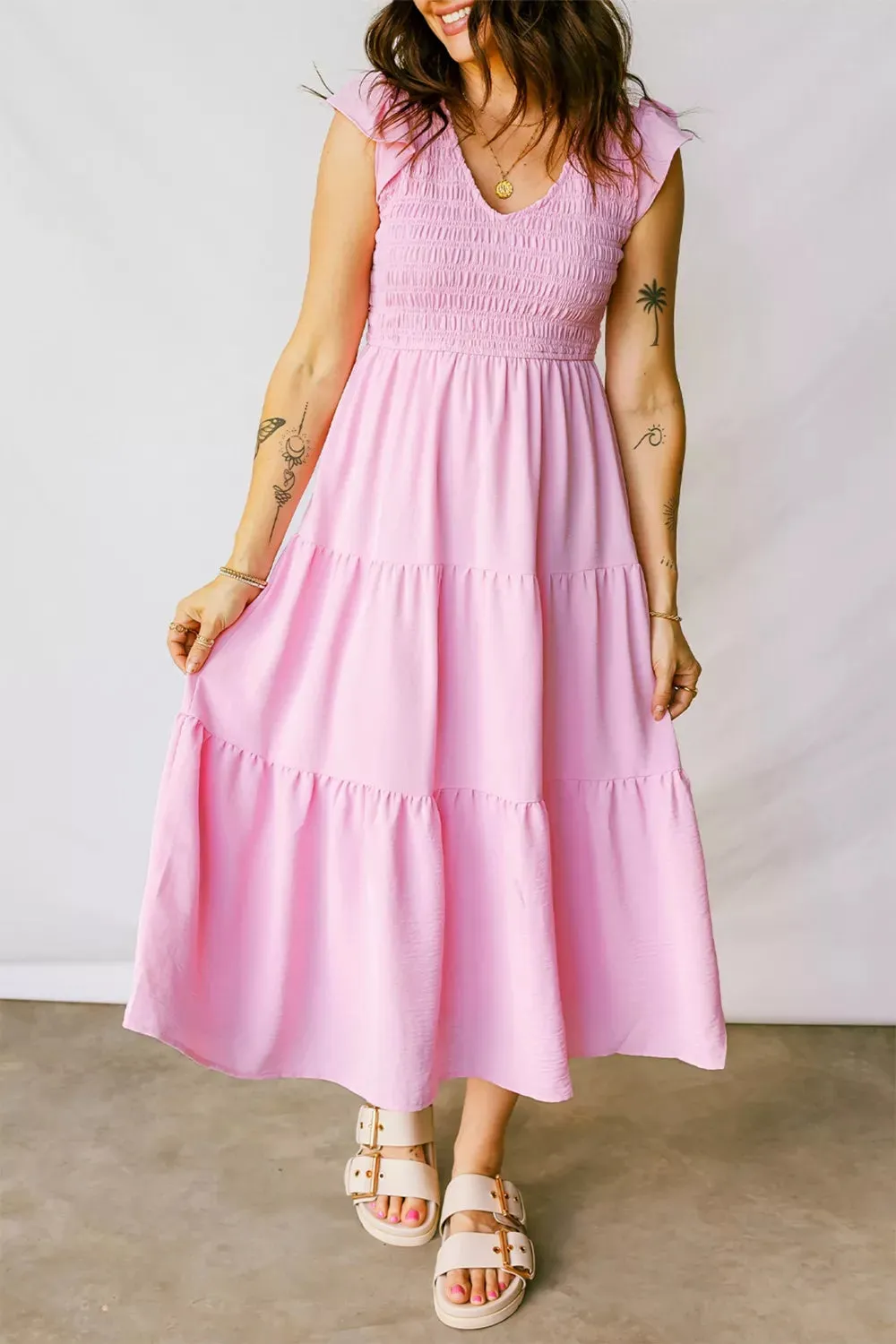 Smocked Bodice Flutter Sleeve Fit Flare Tiered Midi Dress sold by Charming Charlie product image thumbnail 3
