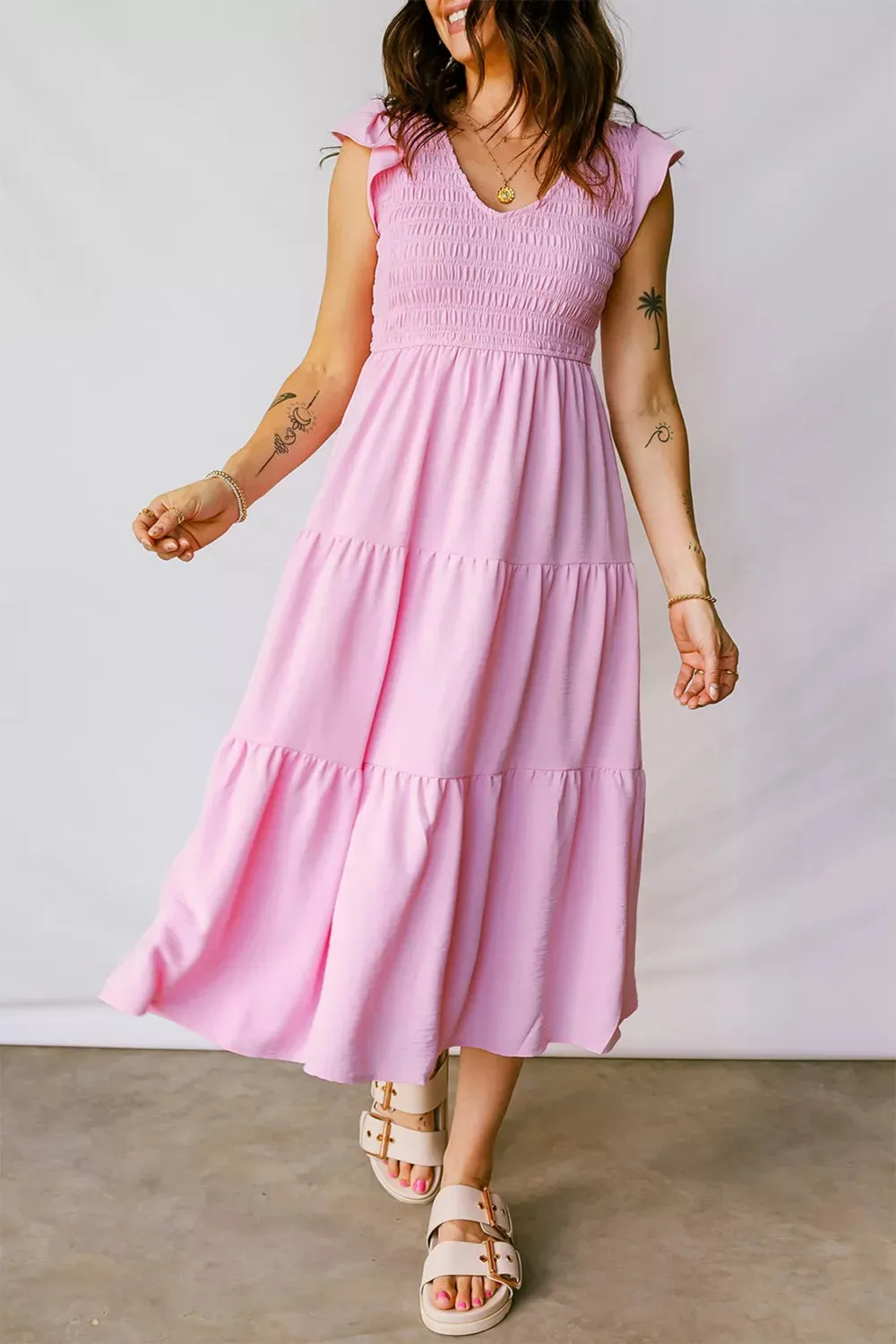 Smocked Bodice Flutter Sleeve Fit Flare Tiered Midi Dress sold by Charming Charlie product image thumbnail 4