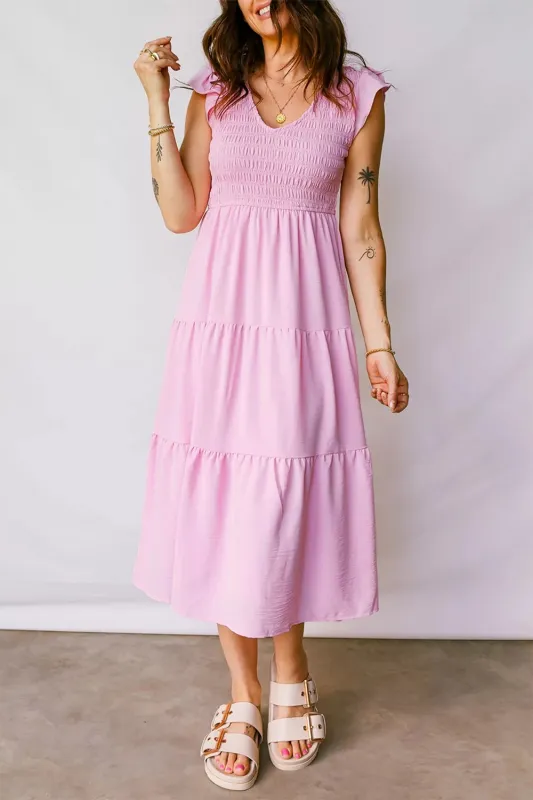 Smocked Bodice Flutter Sleeve Fit Flare Tiered Midi Dress sold by Charming Charlie