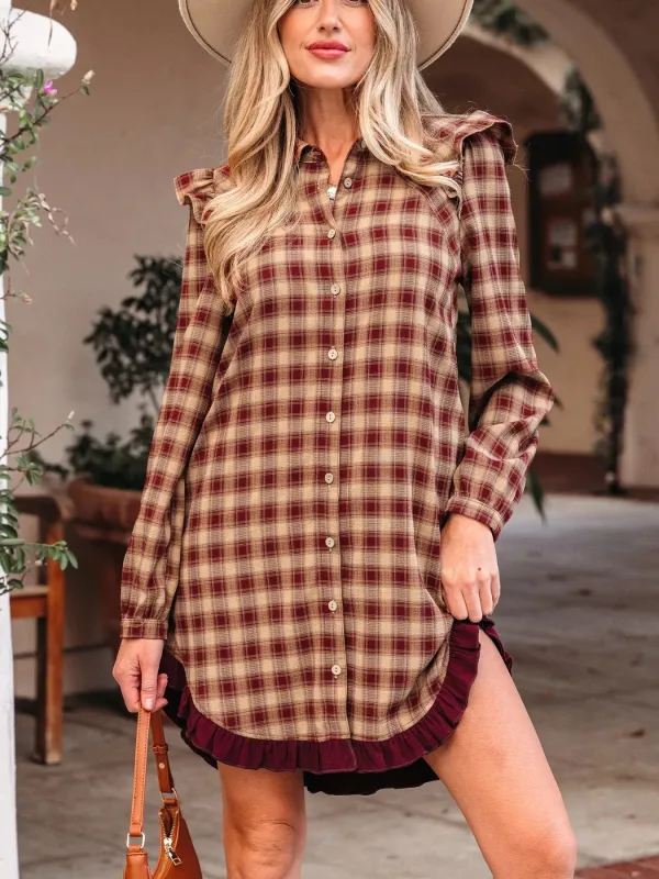 Plaid Print Ruffled Long Sleeve Patchwork Hem Mini Shirt Dress sold by Charming Charlie