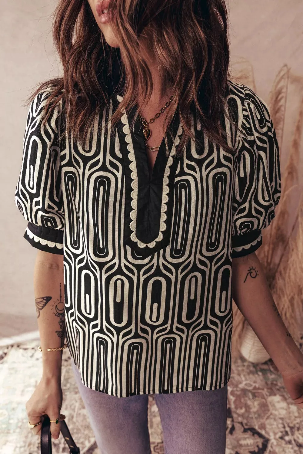 Geometric Print Contrast Scallop Color Block Patchwork Short Sleeve Blouse sold by Charming Charlie product image thumbnail 4