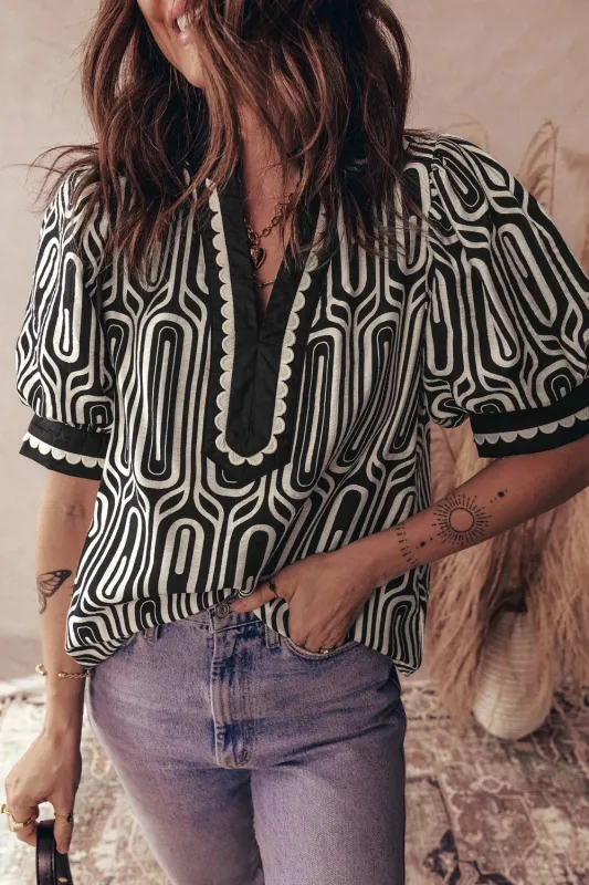 Geometric Print Contrast Scallop Color Block Patchwork Short Sleeve Blouse sold by Charming Charlie