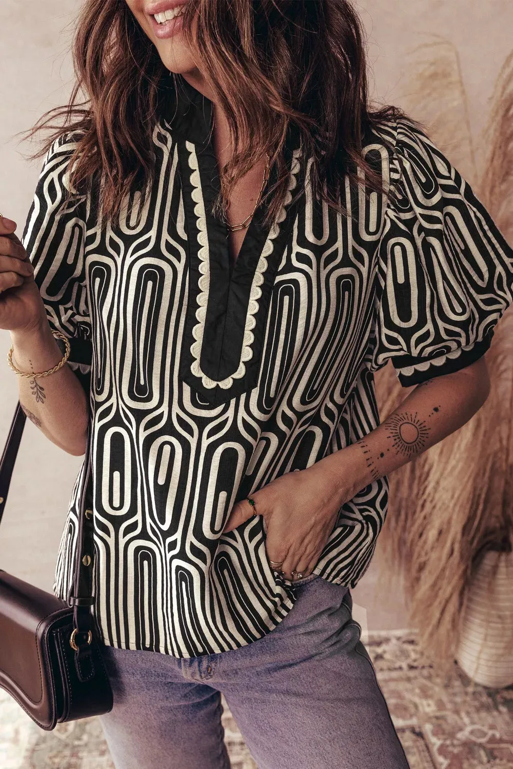 Geometric Print Contrast Scallop Color Block Patchwork Short Sleeve Blouse sold by Charming Charlie product image thumbnail 5