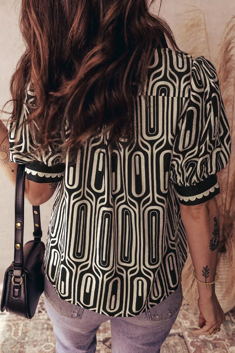 Geometric Print Contrast Scallop Color Block Patchwork Short Sleeve Blouse sold by Charming Charlie product image thumbnail 2