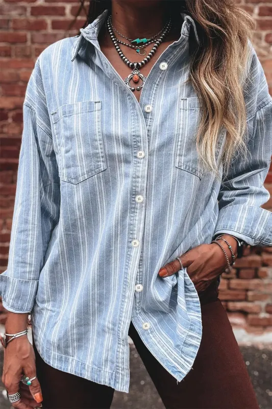 Striped Button-Down Denim Shacket sold by Charming Charlie