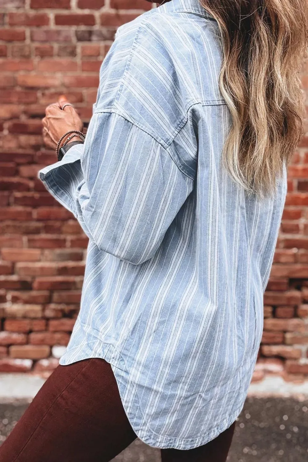 Striped Button-Down Denim Shacket sold by Charming Charlie product image thumbnail 2