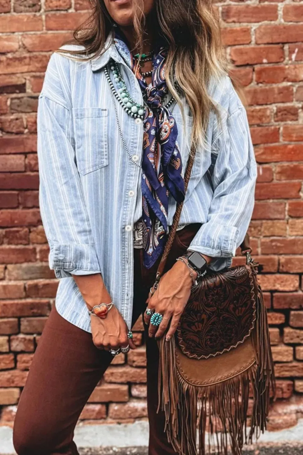 Striped Button-Down Denim Shacket sold by Charming Charlie product image thumbnail 3