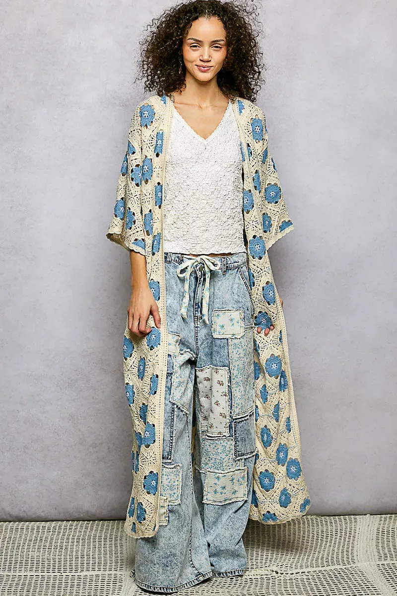 POL Open Front Floral Crochet Longline Cardigan sold by Charming Charlie