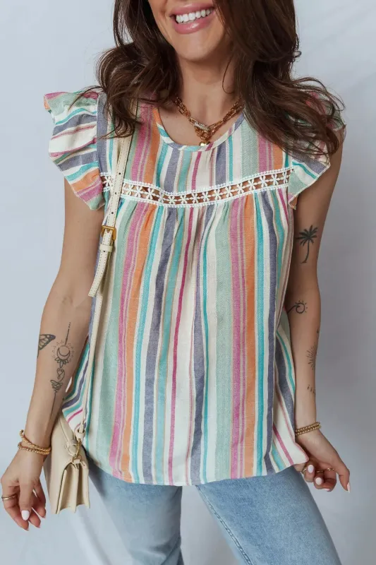 Lace Hollow-out Insert Flutter Sleeve Striped Blouse made by Trendsi