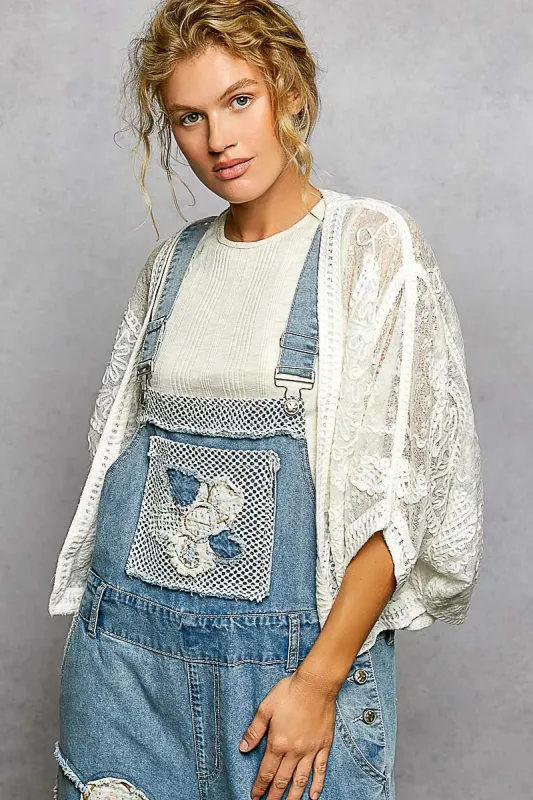 POL Open Front Crochet Cardigan with Floral Embroidery made by Trendsi